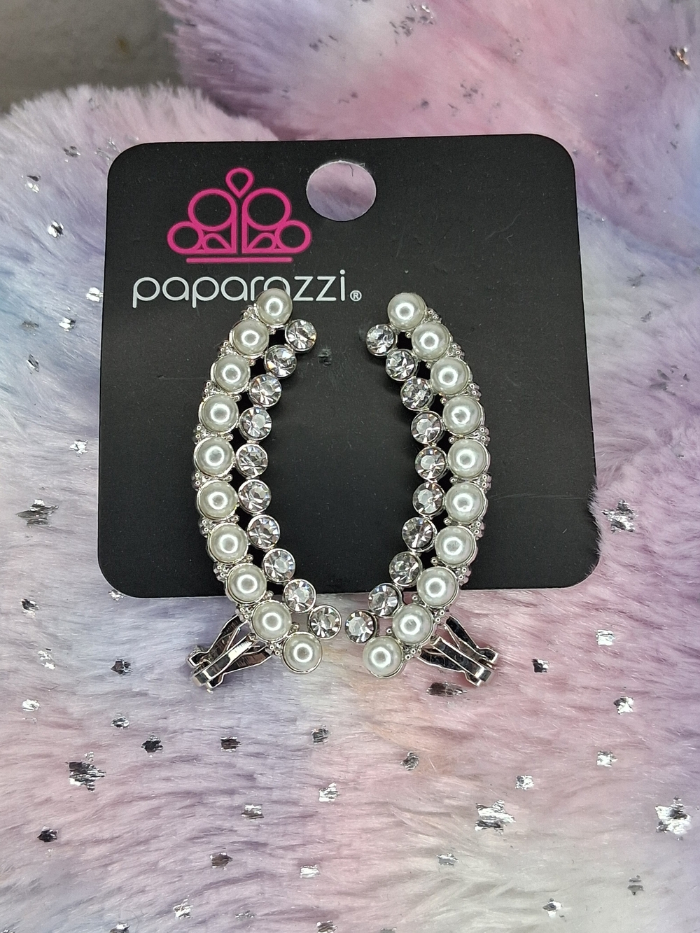Pearl & Rhinestone Ear Crawler Earrings - White & Silver